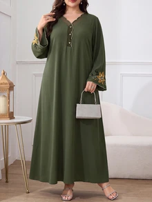 Al Najma Plus Size Women's Patchwork Floral Embroidered Cuff Curved Hem V-Neck Elegant Modest Ninang Arabian Dress Wedding Christening Night Olive Green Fall - Olive Green - View 4