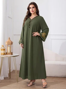 Al Najma Plus Size Women's Patchwork Floral Embroidered Cuff Curved Hem V-Neck Elegant Modest Ninang Arabian Dress Wedding Christening Night Olive Green Fall - Olive Green - View 5