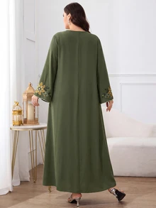 Al Najma Plus Size Women's Patchwork Floral Embroidered Cuff Curved Hem V-Neck Elegant Modest Ninang Arabian Dress Wedding Christening Night Olive Green Fall - Olive Green - View 2