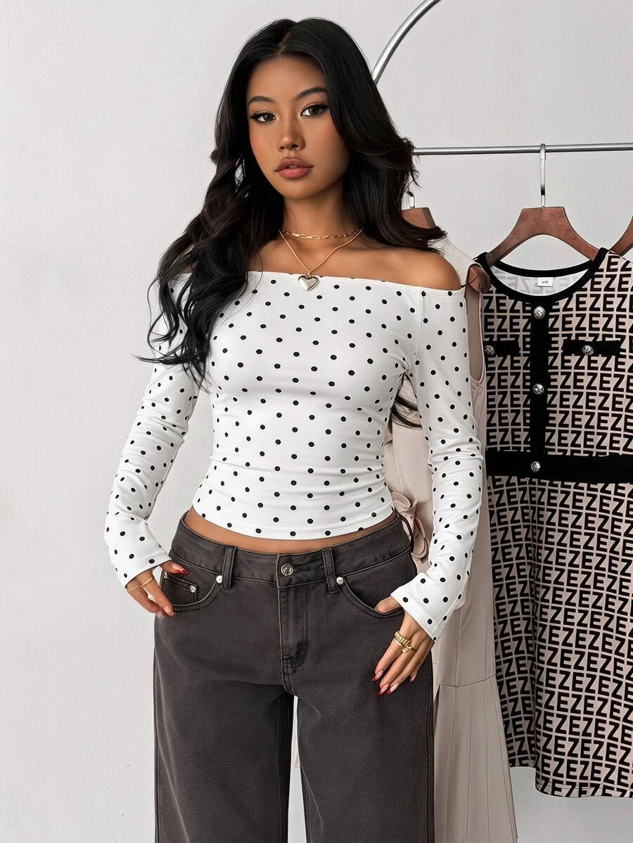 SHEIN Kids Teen Girl Black White Polka Dot Print Off-Shoulder Fitted Casual Long Sleeve Basic Tee - Black and White - View 1