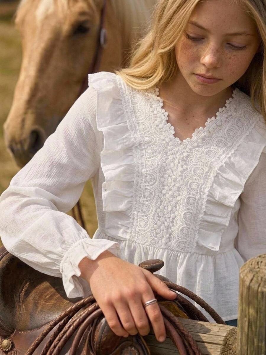 Joliand Joliand Tween Girls' Spring/Summer Back-To-School Long Sleeve Woven Jacquard Cutout Peter Pan Collar White Blouse - White - View 1