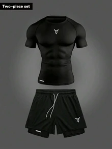 RISE LYT 2pcs Men's Short Sleeve Top And Drawstring Shorts Two Pieces Sport Suit, Fitness Outdoor Casual Workout Set Breathable Gym Compression Lightweight - Black - View 1