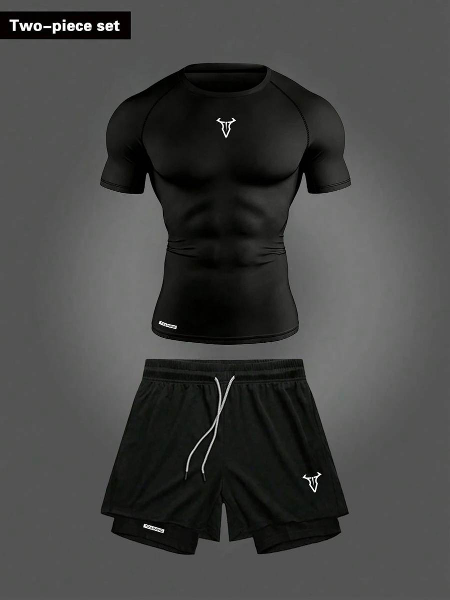 RISE LYT 2pcs Men's Short Sleeve Top And Drawstring Shorts Two Pieces Sport Suit, Fitness Outdoor Casual Workout Set Breathable Gym Compression Lightweight - Black - View 1