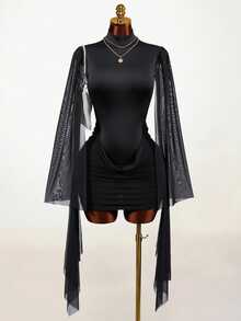 Mistrie Women's Contrast Mesh Bell Sleeve Pleated Fashion Sexy Backless Dress ,Elegant Party Graduation Dress - Black - View 4