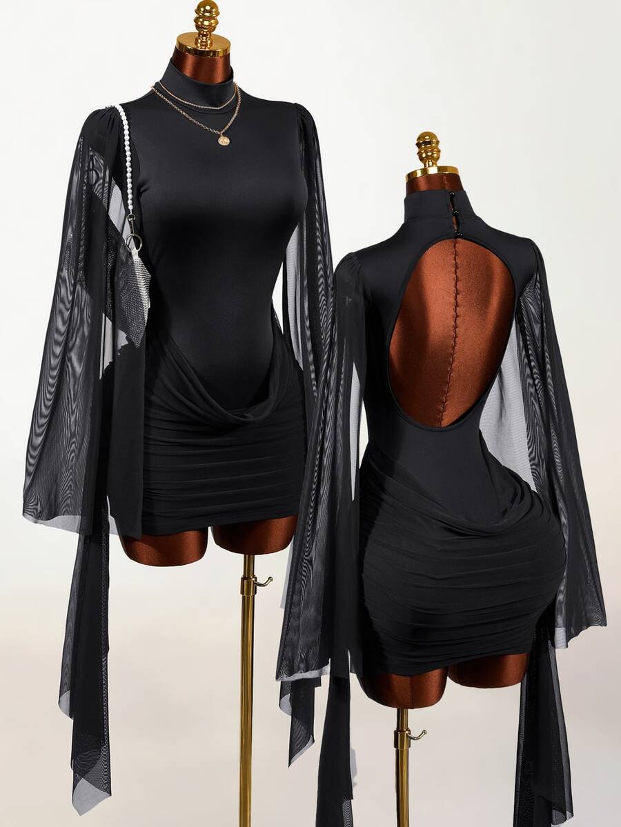 Mistrie Women's Contrast Mesh Bell Sleeve Pleated Fashion Sexy Backless Dress ,Elegant Party  Graduation Dress