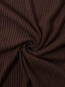 SHEIN EZwear 美式復古深棕色直條紋針織短版上衣，V領喇叭長袖收腰修身顯身材性感內搭底層針織T恤，適合返校季與感恩節 - 棕色 - 查看 8