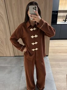 NOVVYNE Women Chinese Knot Button Long Sleeve Shirt & Wide Leg Pants Set, Contrast Trim Two Pieces Outfit, Autumn Winter Elegant Vintage Casual Co-Ord Suit - Brown - View 6