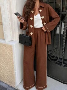 NOVVYNE Women Chinese Knot Button Long Sleeve Shirt & Wide Leg Pants Set, Contrast Trim Two Pieces Outfit, Autumn Winter Elegant Vintage Casual Co-Ord Suit - Brown - View 3