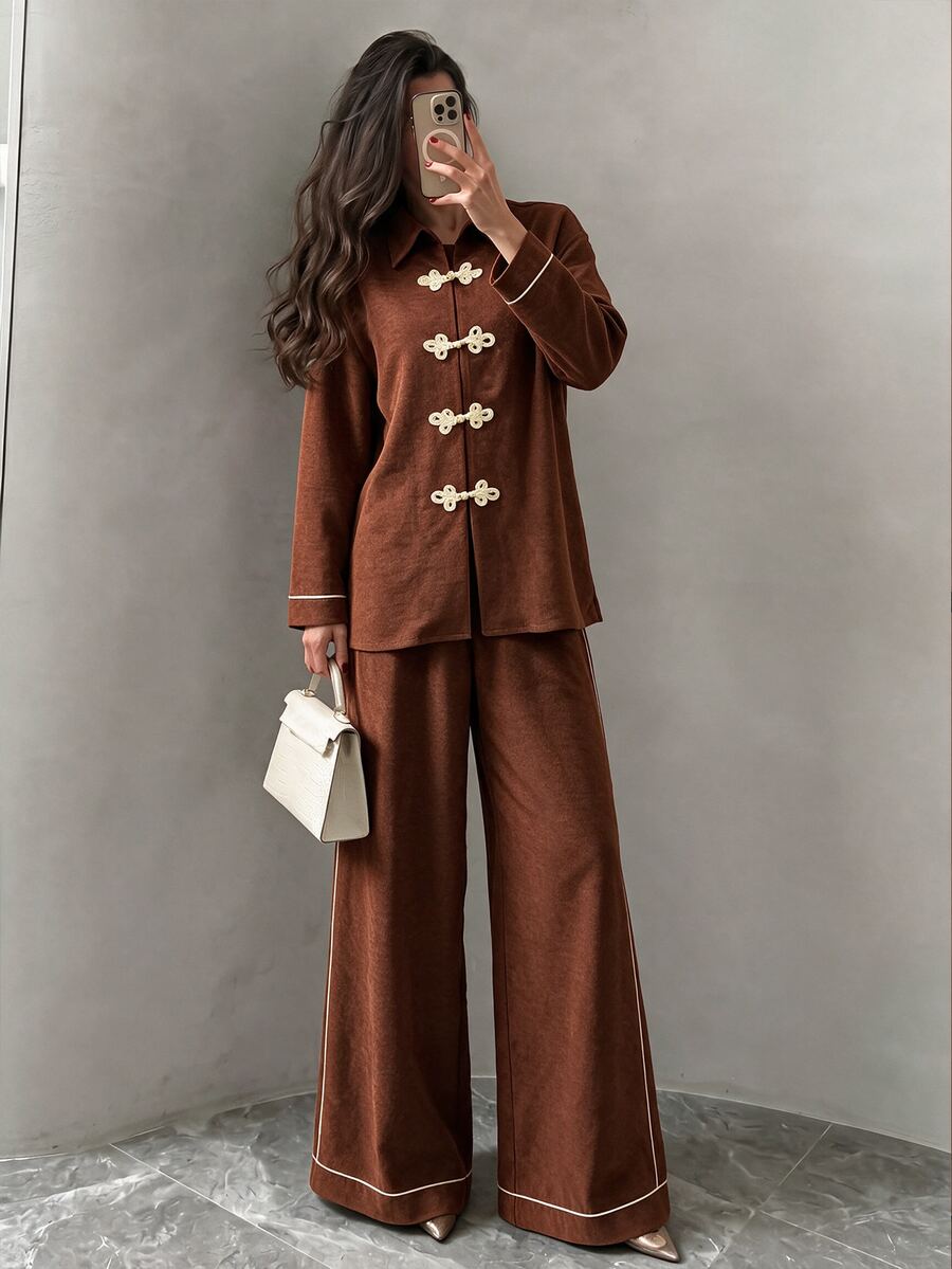 NOVVYNE Women Chinese Knot Button Long Sleeve Shirt & Wide Leg Pants Set, Contrast Trim Two Pieces Outfit, Autumn Winter Elegant Vintage Casual Co-Ord Suit - Brown - View 1