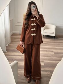 NOVVYNE Women Chinese Knot Button Long Sleeve Shirt & Wide Leg Pants Set, Contrast Trim Two Pieces Outfit, Autumn Winter Elegant Vintage Casual Co-Ord Suit - Brown - View 5