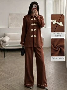 NOVVYNE Women Chinese Knot Button Long Sleeve Shirt & Wide Leg Pants Set, Contrast Trim Two Pieces Outfit, Autumn Winter Elegant Vintage Casual Co-Ord Suit - Brown - View 9