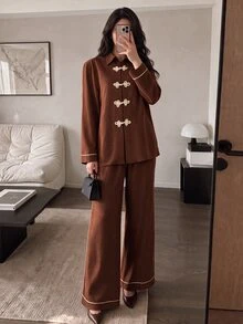 NOVVYNE Women Chinese Knot Button Long Sleeve Shirt & Wide Leg Pants Set, Contrast Trim Two Pieces Outfit, Autumn Winter Elegant Vintage Casual Co-Ord Suit - Brown - View 4
