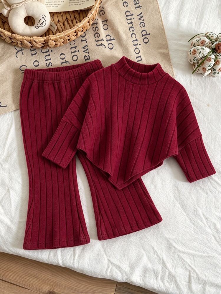 SHEIN Playful Pals Infant Girl Fall Casual Cow Girl T-Shirt Set, Pullover High Neck Knitted Ribbed Brushed Fabric Burgundy Long Sleeve Top Flared Pants, 2 Pieces Outfit - Burgundy - View 5