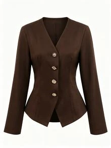 GlowEve Solid Color Button Design Elegant Casual Daily Outing Commute Office Easy To Match Women's Blouse Shirt - Brown - View 7