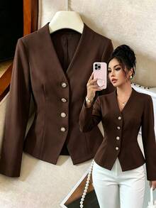 GlowEve Solid Color Button Design Elegant Casual Daily Outing Commute Office Easy To Match Women's Blouse Shirt - Brown - View 1