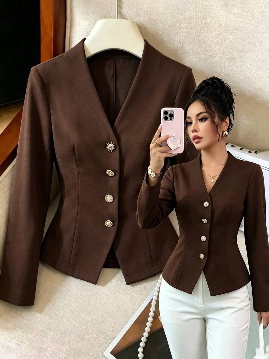 GlowEve Solid Color Button Design Elegant Casual Daily Outing Commute Office Easy To Match Women's Blouse Shirt - Brown - View 1