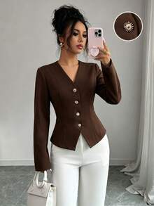 GlowEve Solid Color Button Design Elegant Casual Daily Outing Commute Office Easy To Match Women's Blouse Shirt - Brown - View 4