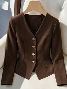 GlowEve Solid Color Button Design Elegant Casual Daily Outing Commute Office Easy To Match Women's Blouse Shirt - Brown - View 8