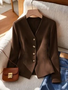GlowEve Solid Color Button Design Elegant Casual Daily Outing Commute Office Easy To Match Women's Blouse Shirt - Brown - View 3