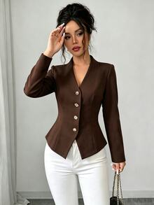 GlowEve Solid Color Button Design Elegant Casual Daily Outing Commute Office Easy To Match Women's Blouse Shirt - Brown - View 5
