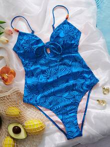 Swim Vcay Baju Renang Wanita Terusan Motif Kerang Acak dengan Hiasan Manik-manik dan Tali Serut di Bagian Depan, Warna Oranye, Cocok untuk Liburan Pantai Musim Panas - Royal Blue - View 4