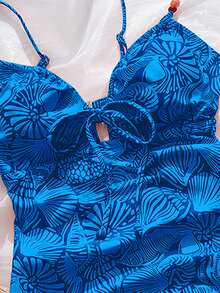 Swim Vcay Baju Renang Wanita Terusan Motif Kerang Acak dengan Hiasan Manik-manik dan Tali Serut di Bagian Depan, Warna Oranye, Cocok untuk Liburan Pantai Musim Panas - Royal Blue - View 5
