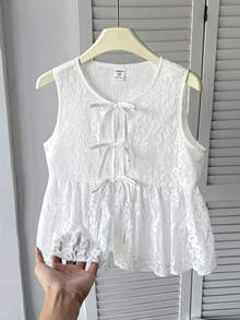 Joliand Joliand Tween女孩休閒可愛日常度假紋理蝴蝶結前襟襯衫 白色夏季派對上衣 - 白色 - 查看 11