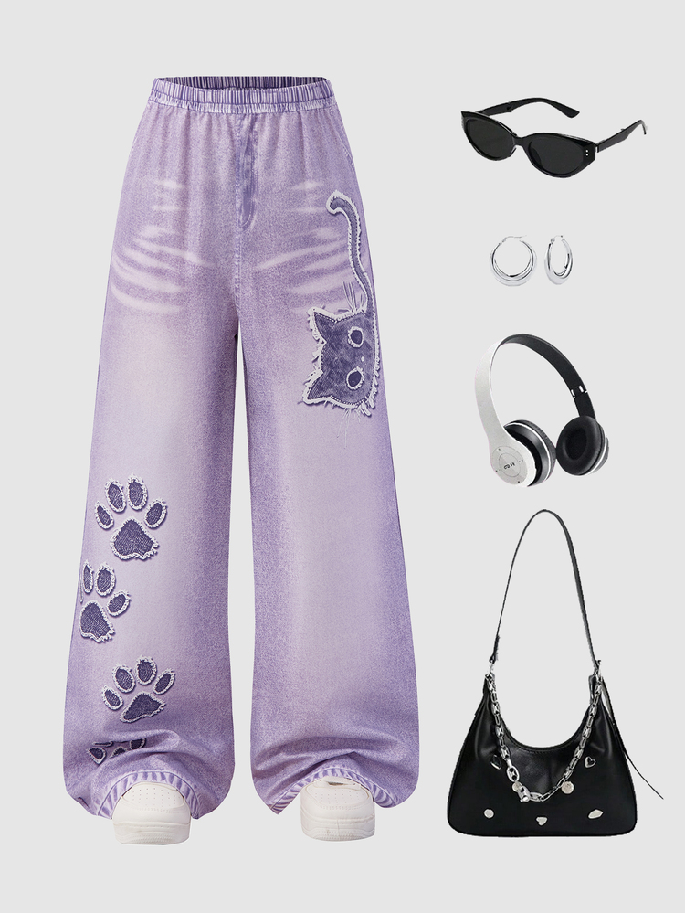 SHEIN Sparklyn بنطلون طويل للفتيات المراهقات بخصر مطاطي وتصميم مرقع كاجوال لطيف متعدد الاستخدامات للاستخدام اليومي والمدرسة باللون البنفسجي لفصل الخريف - الأرجواني - مشاهدة 3