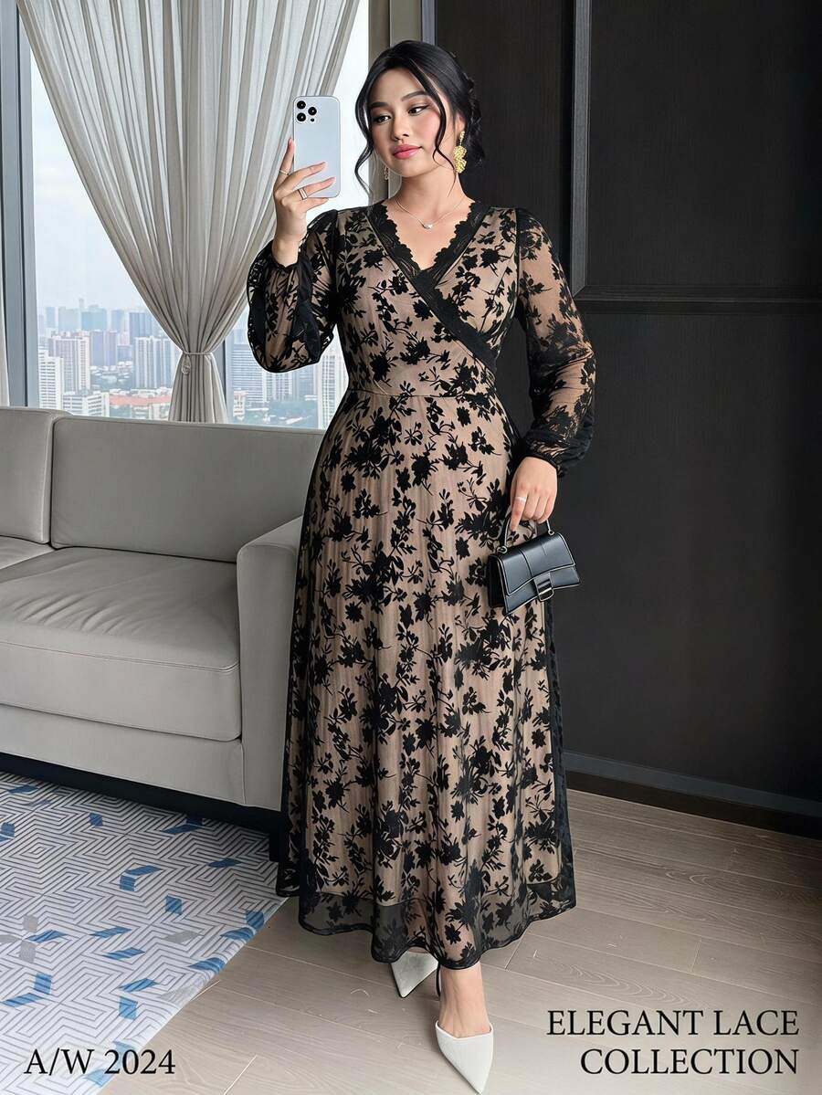 Modelyn Plus Size Women Lace Patchwork Casual Party Dress - Multicolor - View 1
