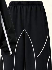 SHEIN Casuvi Kids 女童秋冬兩件套：黑白拼色拉鍊外套搭配寬鬆收口長褲，印花小Logo，酷感休閒套裝 - 彩色 - 查看 4