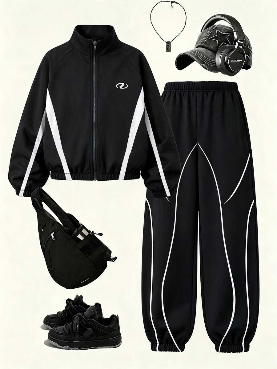 SHEIN Casuvi Kids 女童秋冬兩件套:黑白拼色拉鍊外套搭配寬鬆收口長褲,印花小Logo,酷感休閒套裝 - 彩色 - 查看 1