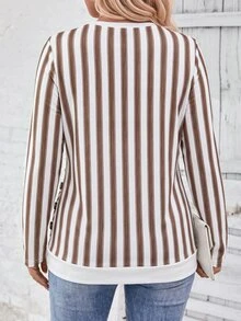 SHEIN LUNE Vintage Pleated Hem Button Decor Crew Neck Long Sleeve Casual T-Shirt, Plus Size, Autumn/Winter Fall - Multicolor - View 2