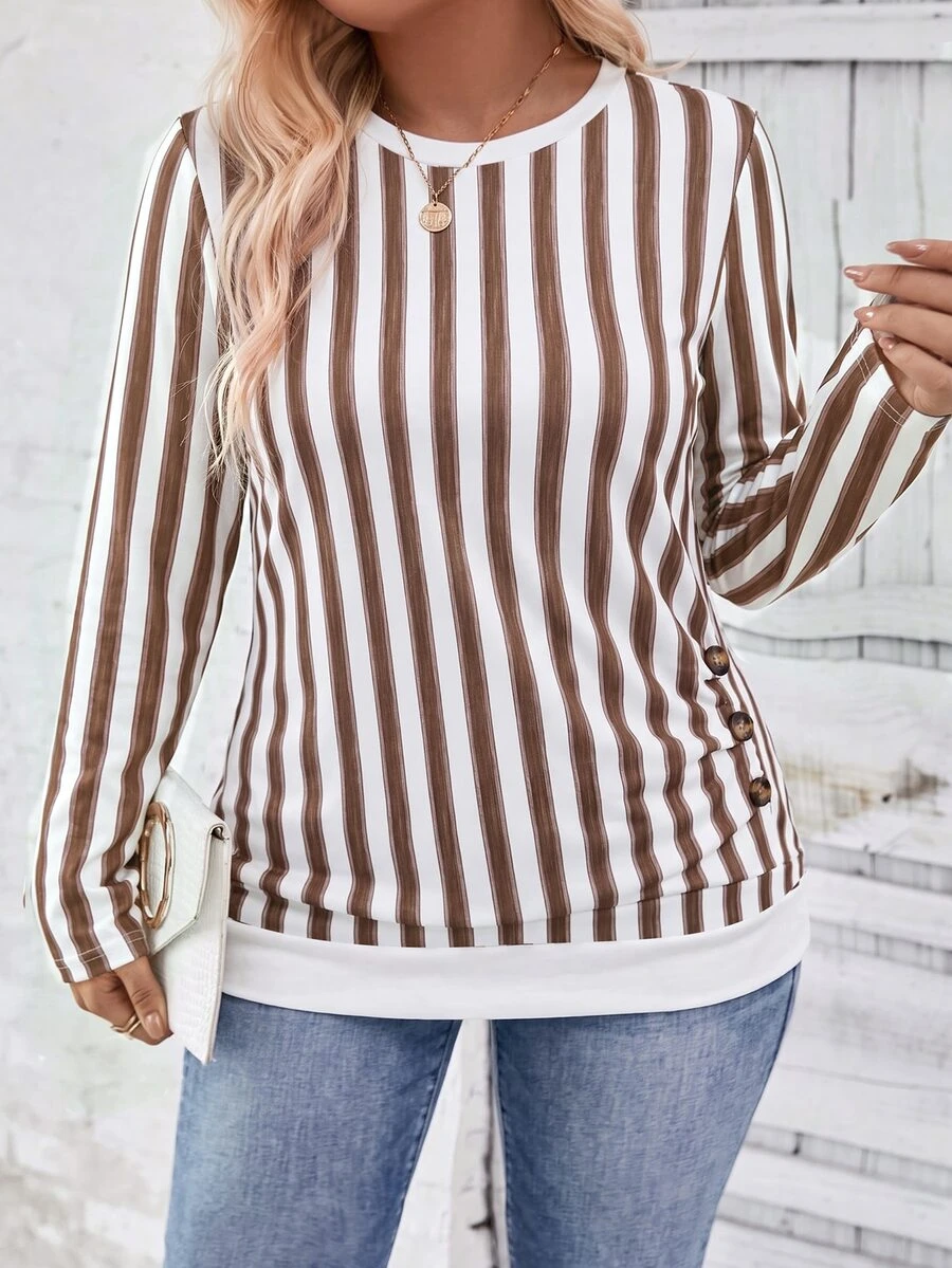 SHEIN LUNE Vintage Pleated Hem Button Decor Crew Neck Long Sleeve Casual T-Shirt, Plus Size, Autumn/Winter Fall - Multicolor - View 1