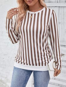 SHEIN LUNE Vintage Pleated Hem Button Decor Crew Neck Long Sleeve Casual T-Shirt, Plus Size, Autumn/Winter Fall - Multicolor - View 3