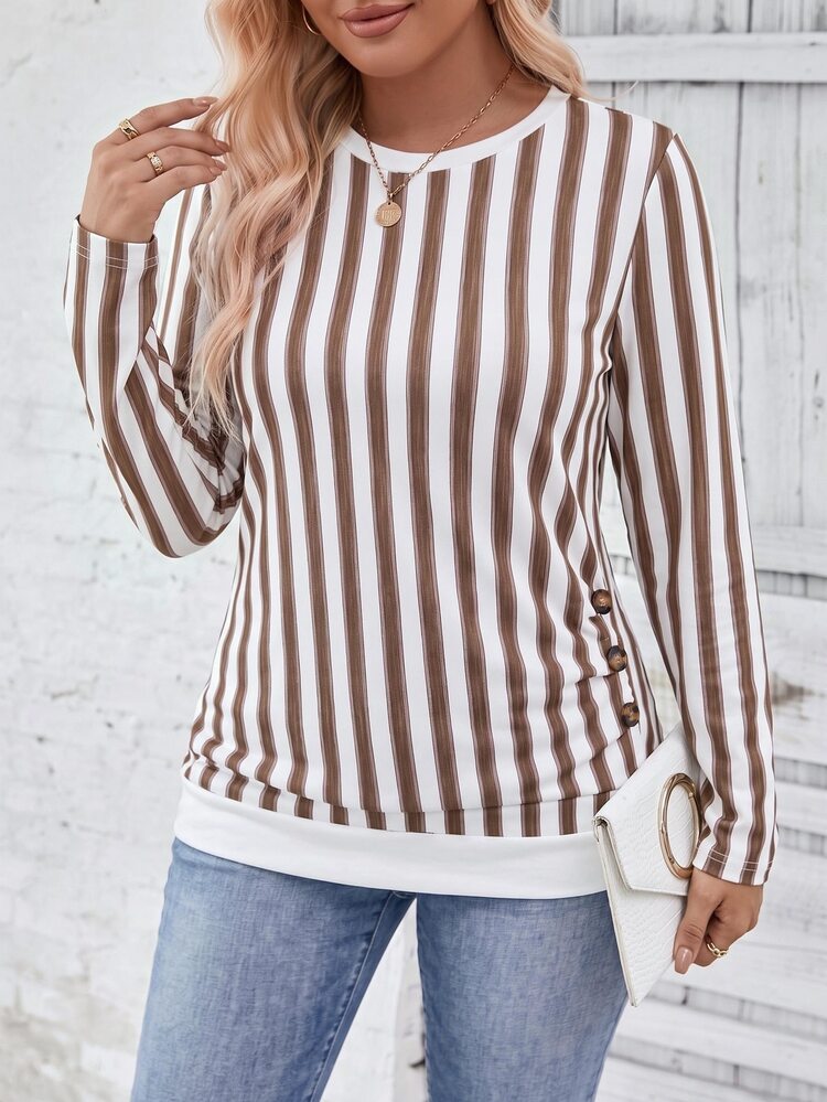 SHEIN LUNE Vintage Pleated Hem Button Decor Crew Neck Long Sleeve Casual T-Shirt, Plus Size, Autumn/Winter Fall - Multicolor - View 3