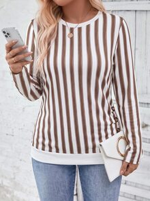 SHEIN LUNE Vintage Pleated Hem Button Decor Crew Neck Long Sleeve Casual T-Shirt, Plus Size, Autumn/Winter Fall - Multicolor - View 4