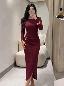 Modelyn Women Fall Winter Outfit Elegant Wine Red Round Neck Ribbed Long Sleeve Dress Shoulder Metal Decor Waist Twist Slit Fitted Dress For Party Commute - Red - View 11