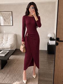Modelyn Women Fall Winter Outfit Elegant Wine Red Round Neck Ribbed Long Sleeve Dress Shoulder Metal Decor Waist Twist Slit Fitted Dress For Party Commute - Red - View 7