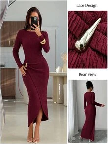 Modelyn Women Fall Winter Outfit Elegant Wine Red Round Neck Ribbed Long Sleeve Dress Shoulder Metal Decor Waist Twist Slit Fitted Dress For Party Commute - Red - View 10