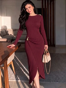 Modelyn Women Fall Winter Outfit Elegant Wine Red Round Neck Ribbed Long Sleeve Dress Shoulder Metal Decor Waist Twist Slit Fitted Dress For Party Commute - Red - View 12