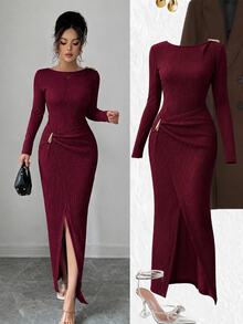 Modelyn Women Fall Winter Outfit Elegant Wine Red Round Neck Ribbed Long Sleeve Dress Shoulder Metal Decor Waist Twist Slit Fitted Dress For Party Commute - Red - View 8