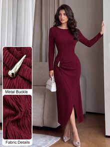 Modelyn Women Fall Winter Outfit Elegant Wine Red Round Neck Ribbed Long Sleeve Dress Shoulder Metal Decor Waist Twist Slit Fitted Dress For Party Commute - Red - View 3