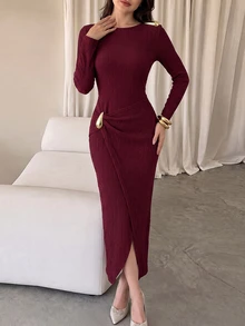 Modelyn Women Fall Winter Outfit Elegant Wine Red Round Neck Ribbed Long Sleeve Dress Shoulder Metal Decor Waist Twist Slit Fitted Dress For Party Commute - Red - View 1