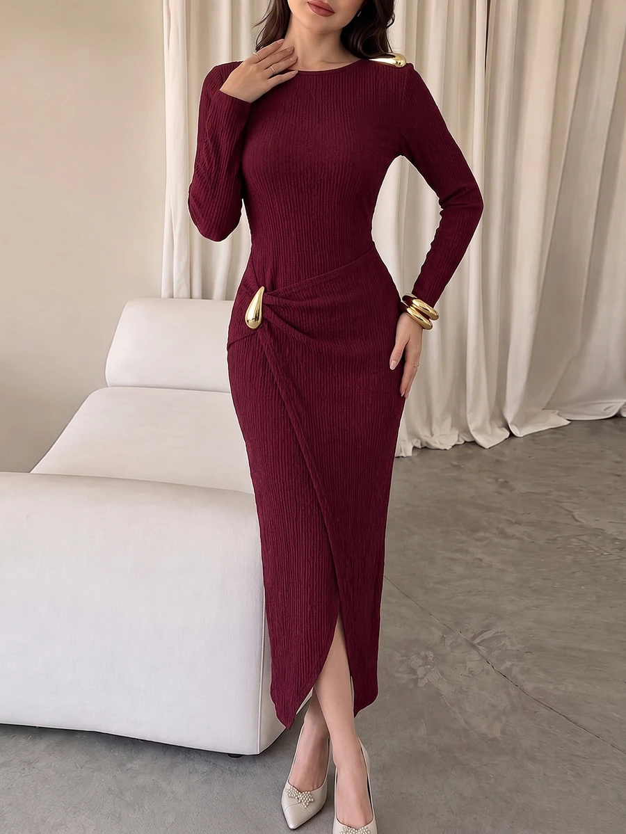 Modelyn Women Fall Winter Outfit Elegant Wine Red Round Neck Ribbed Long Sleeve Dress Shoulder Metal Decor Waist Twist Slit Fitted Dress For Party Commute - Red - View 1
