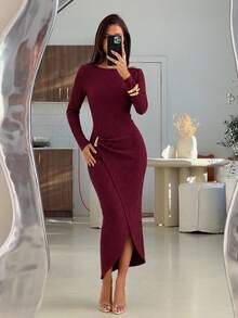 Modelyn Women Fall Winter Outfit Elegant Wine Red Round Neck Ribbed Long Sleeve Dress Shoulder Metal Decor Waist Twist Slit Fitted Dress For Party Commute - Red - View 6