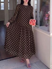 Solavon 圓領長袖棕色大尺碼洋裝 早晨晚間秋季 1920年代復古 1960年代 - 咖啡棕 - 查看 3