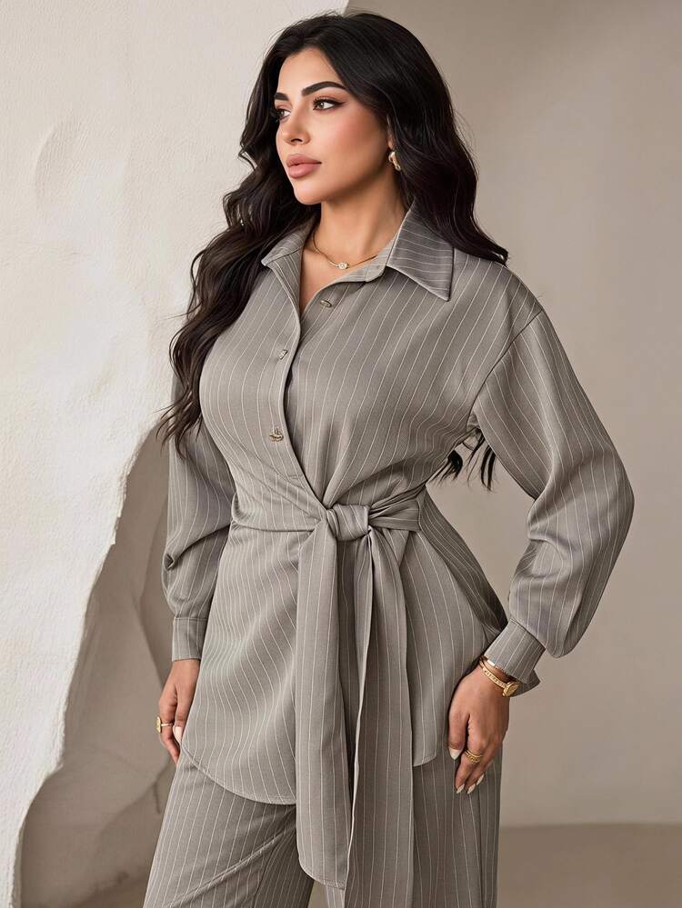 Veilorie Plus Size Elegant Commute Striped Tie Waist Blouse And Pants 2 Pieces Set - Khaki - View 1