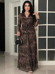 Feyla Plus Size Women's V-Neck Leopard Print Fitted Sexy Long Sleeve Dress - Multicolor - View 1