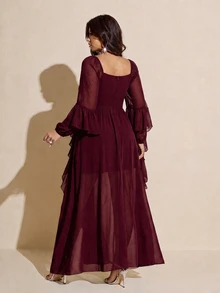 Viva Relle Plus Size Women's Ruched Bust Flowy Hem Long Dress With Ruffle Trim, Suitable For Dating, Cocktail Party, Party And Other Occasions Fall - Burgundy - View 2