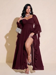 Viva Relle Plus Size Women's Ruched Bust Flowy Hem Long Dress With Ruffle Trim, Suitable For Dating, Cocktail Party, Party And Other Occasions Fall - Burgundy - View 3
